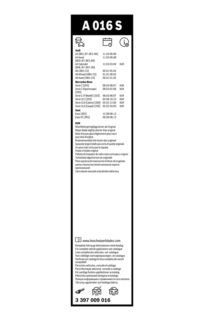 Щітка-двірник лобового скла, водійська Bosch 3397009016 ціна, від 27.23 USD