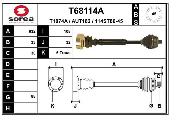 Піввісь передня, права Polcar T68114A ціна, від 126.30 USD