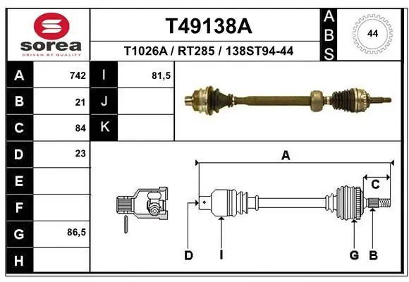 Піввісь передня, права Polcar T49154A ціна, від 93.08 USD