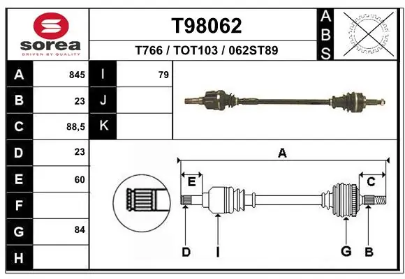 EAI T98062 піввісь (привід) передня, права Toyota Starlet