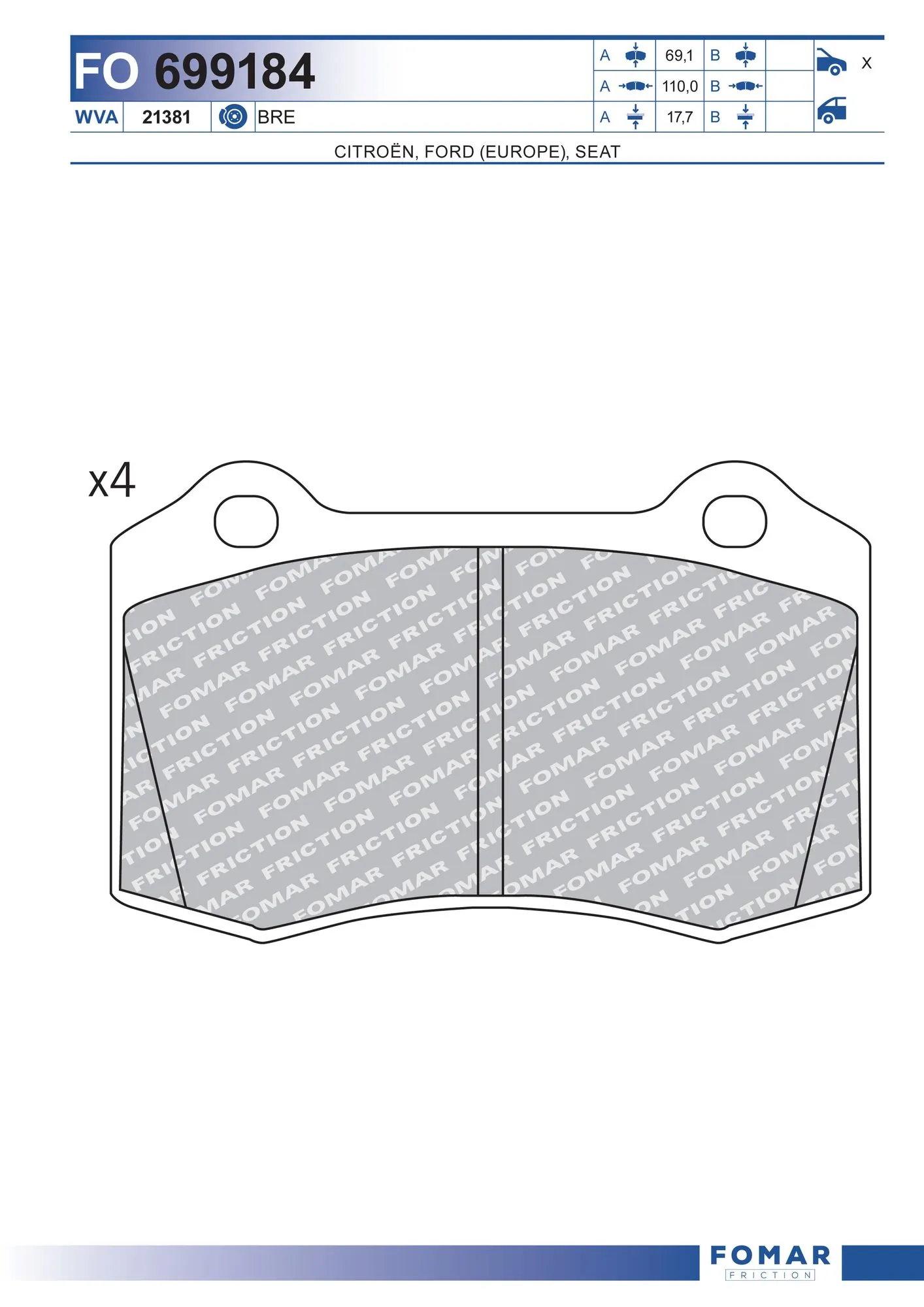 00004254C6 Peugeot/Citroen Колодки гальмівні задні, дискові