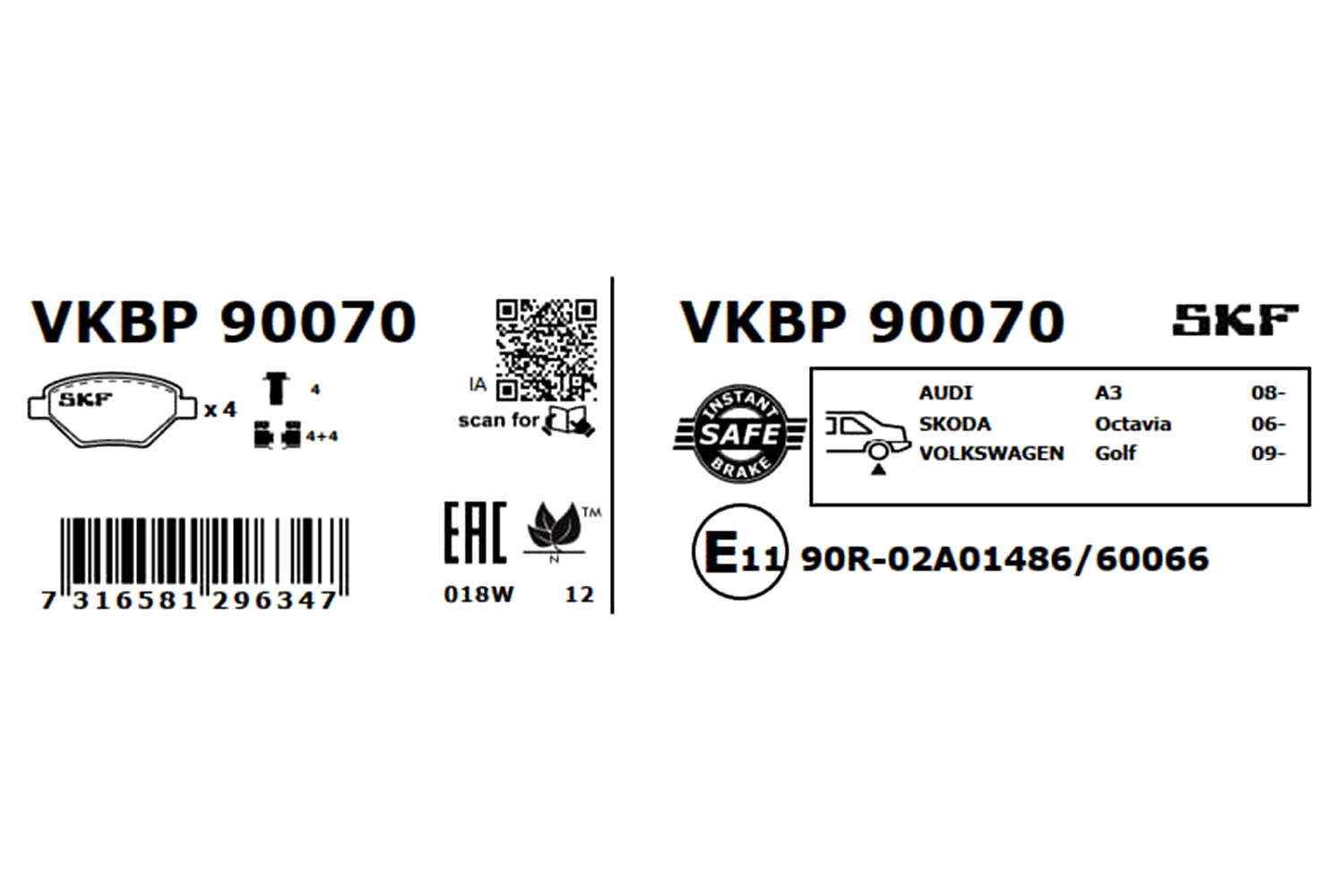VKBP90070 SKF Колодки гальмівні задні, дискові