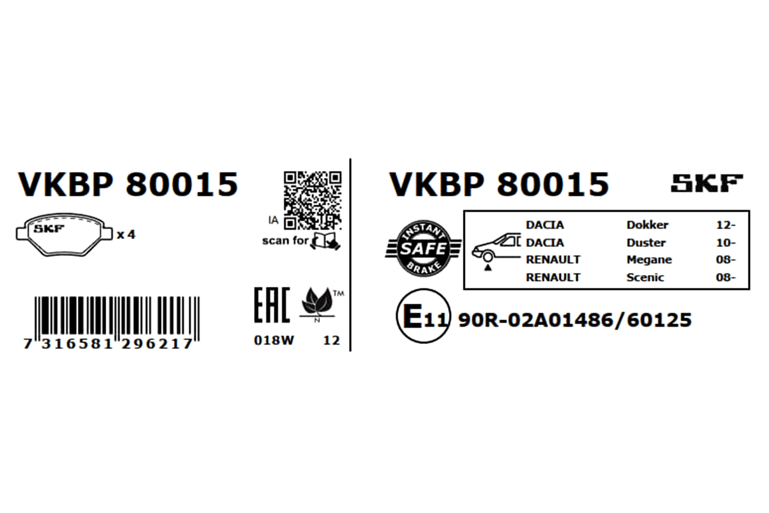 Купити VKBP80015 SKF Колодки гальмівні передні, дискові