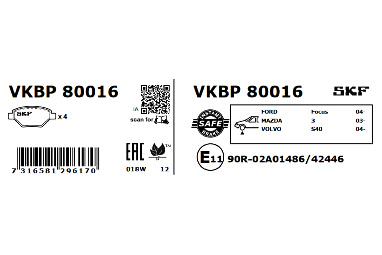 Купити VKBP80016 SKF Колодки гальмівні передні, дискові