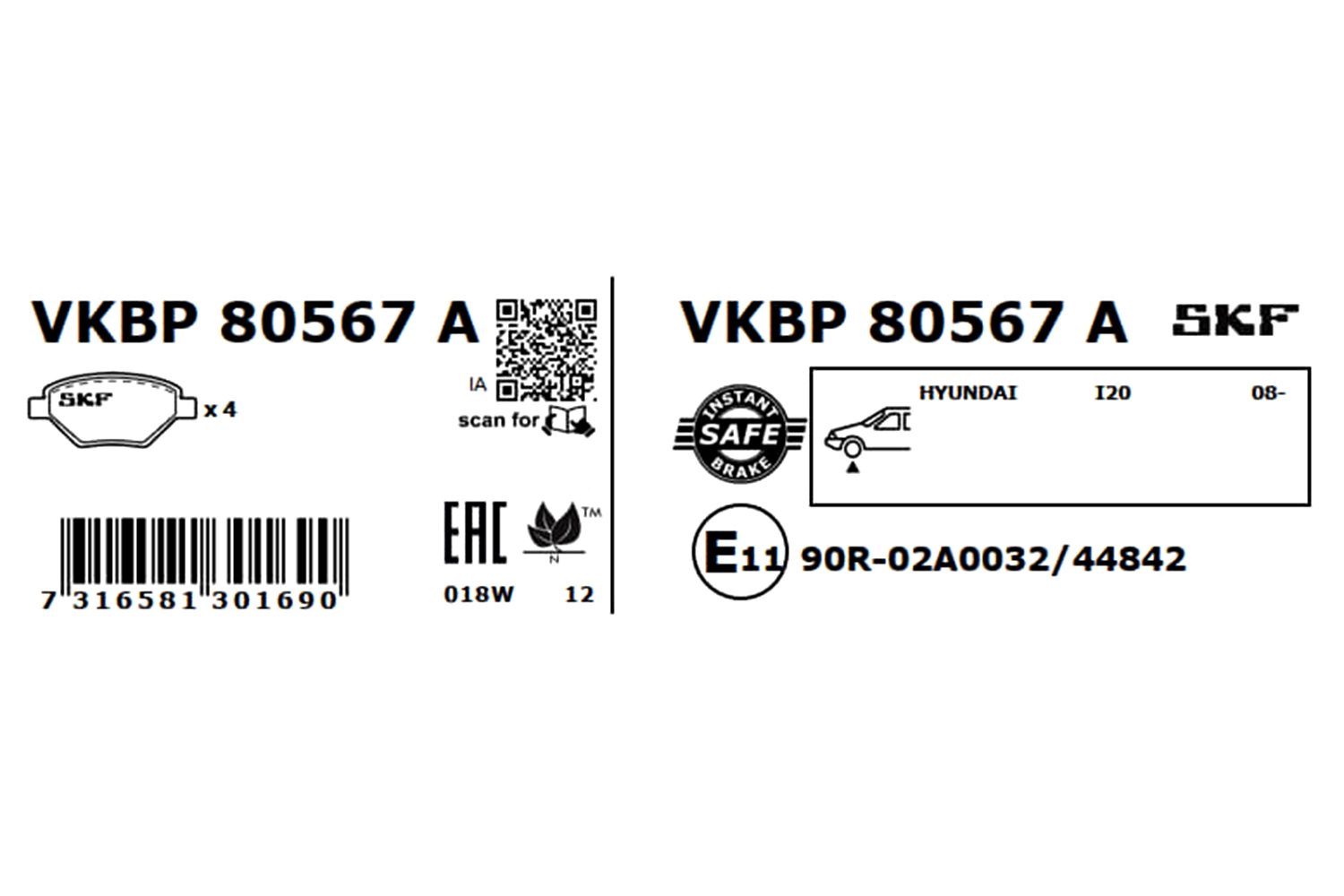 VKBP80567A SKF Передні гальмівні колодки