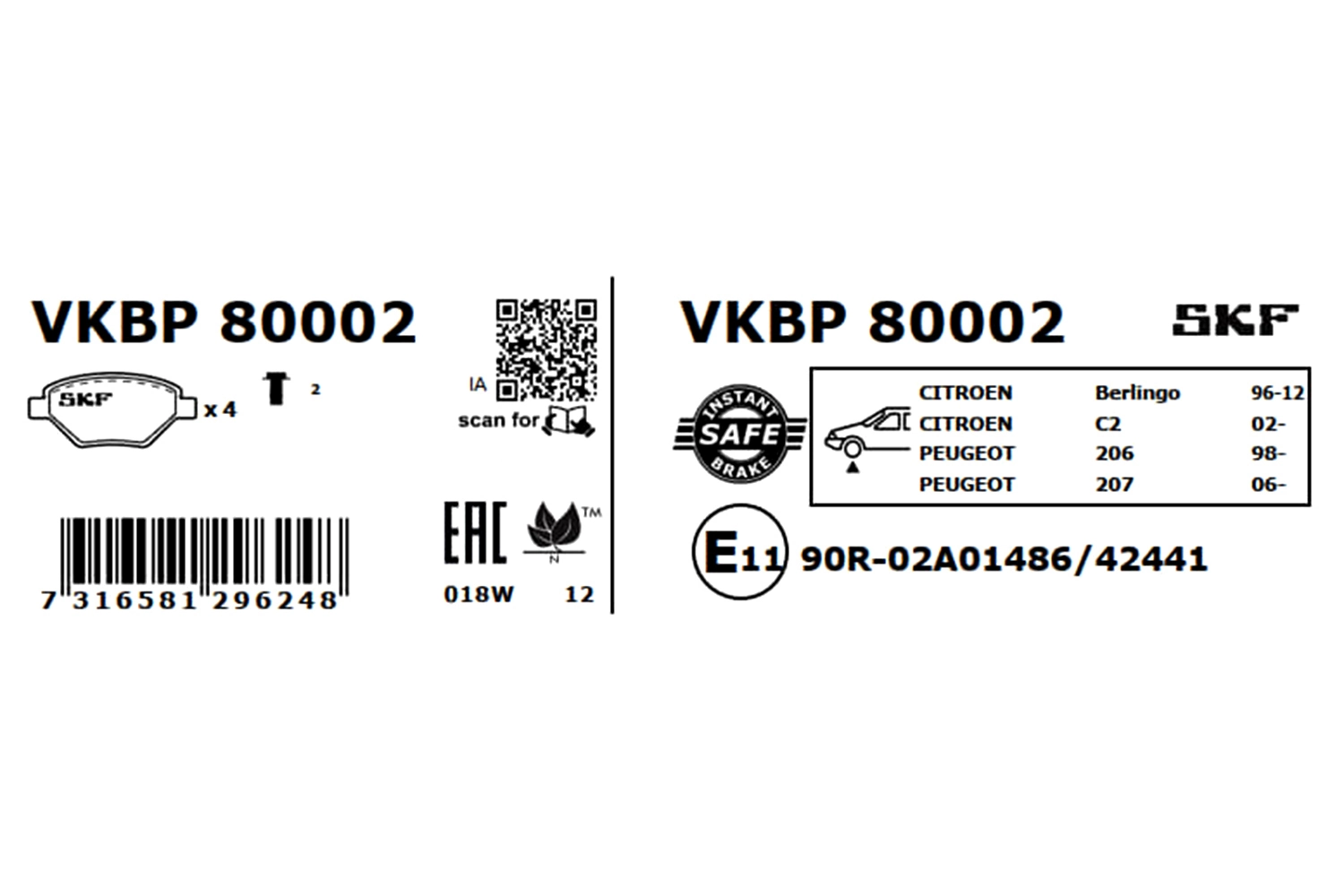 VKBP80002 SKF Передні гальмівні колодки