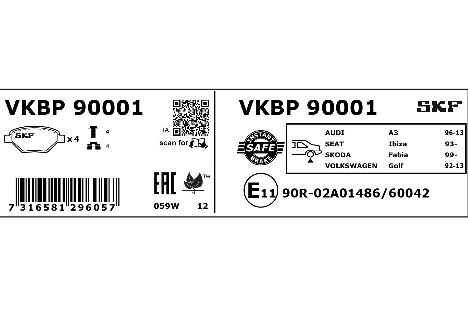 VKBP90001 SKF Колодки гальмівні задні, дискові