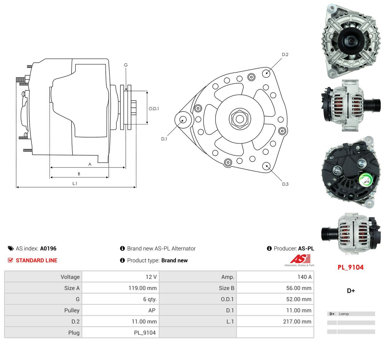 Генератор As-pl A0196 ціна, від 156.19 USD