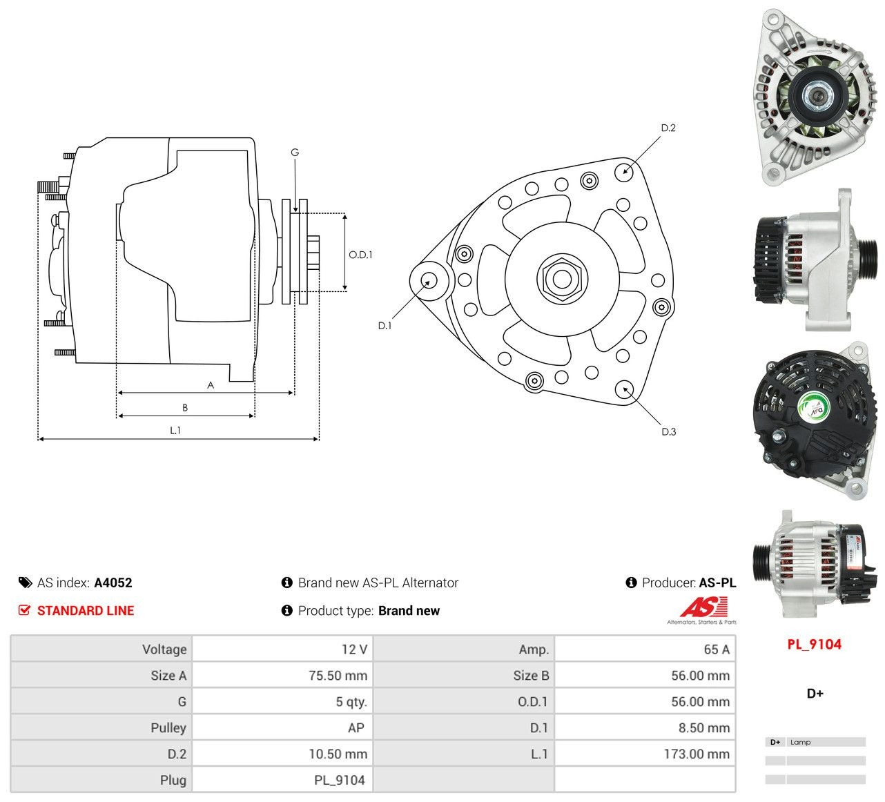 Генератор As-pl A4052 ціна, від 132.63 USD