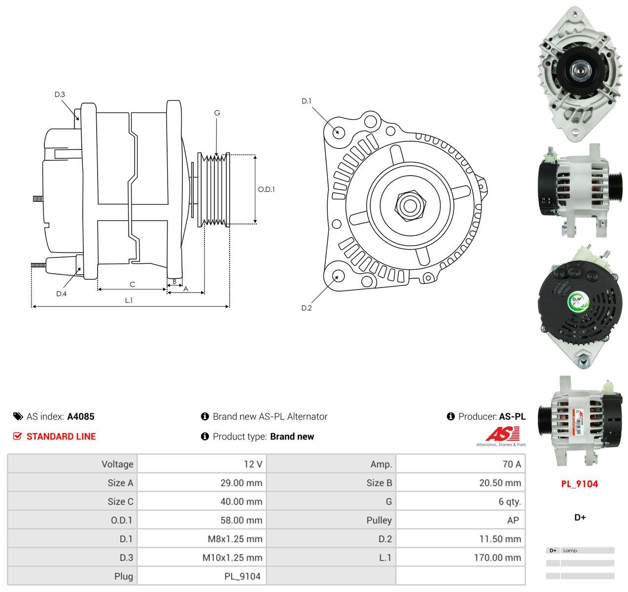 Генератор As-pl A4085 ціна, від 170.26 USD