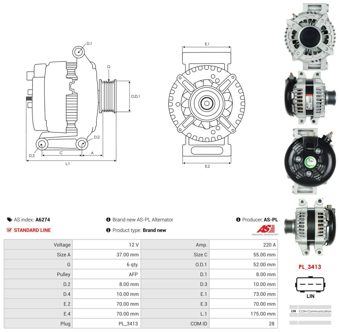Генератор As-pl A6274 ціна, від 258.62 USD