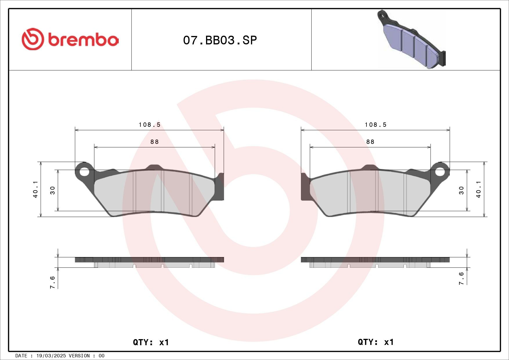 07BB03SP Brembo Колодки гальмівні задні, дискові
