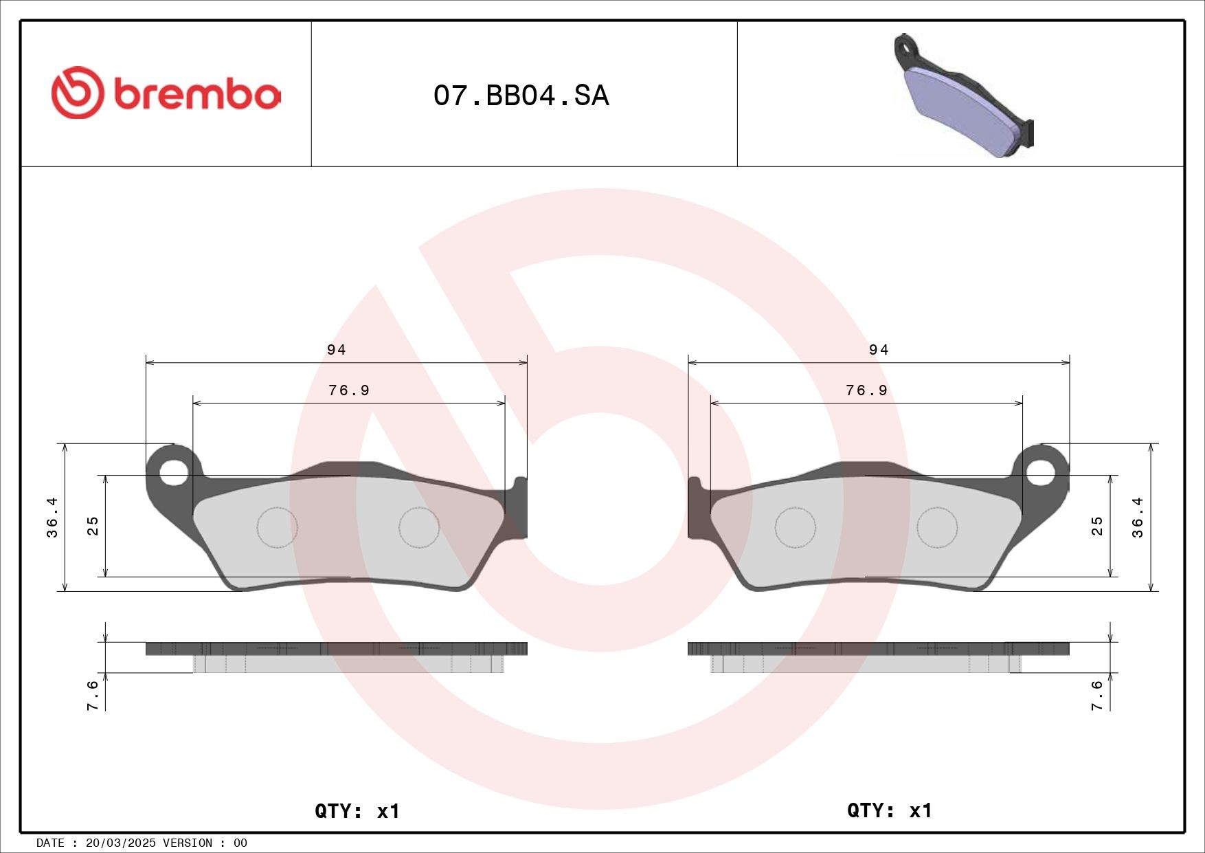 07BB04SA Brembo Колодки гальмівні задні, дискові
