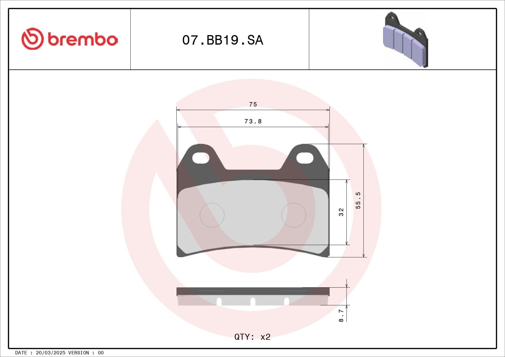 Купити 07BB19SA Brembo Колодки гальмівні передні, дискові
