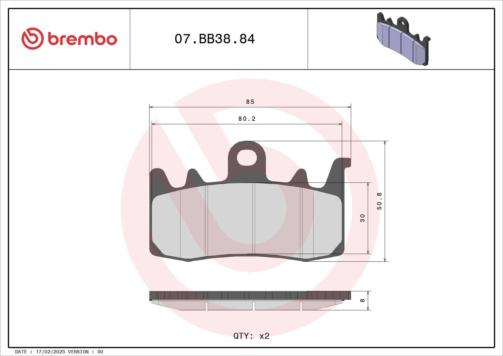 07BB3884 Brembo Передні гальмівні колодки