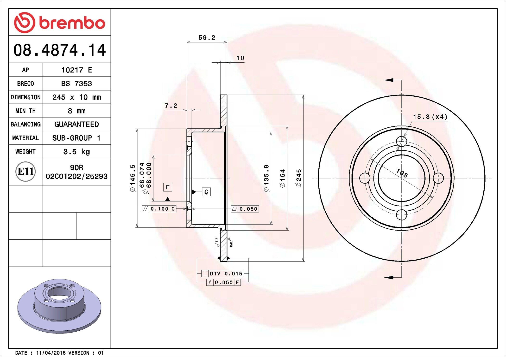 Диск гальмівний задній Brembo 08487414