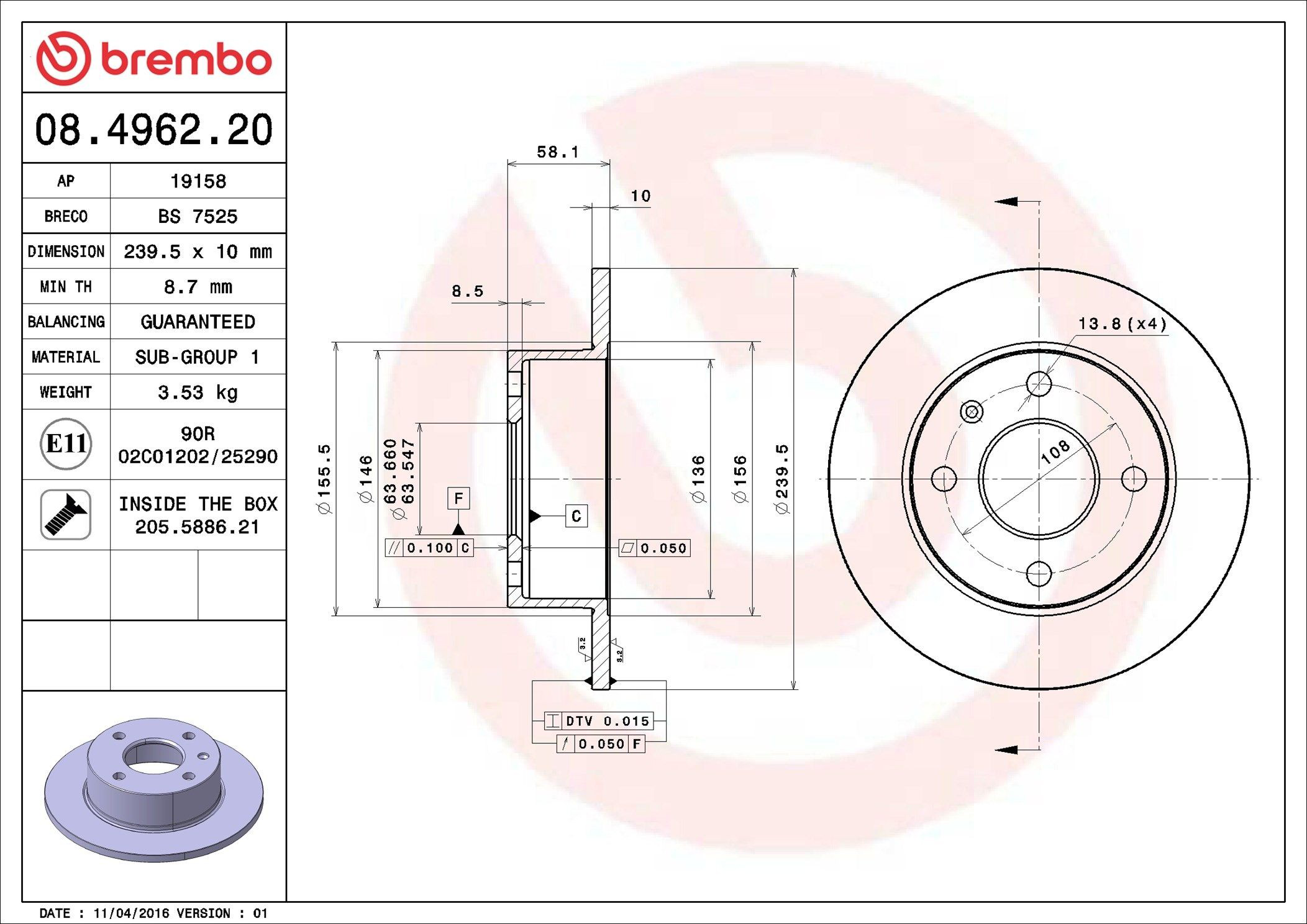 Диск переднього гальма Brembo 08496220 ціна, від 20.79 USD