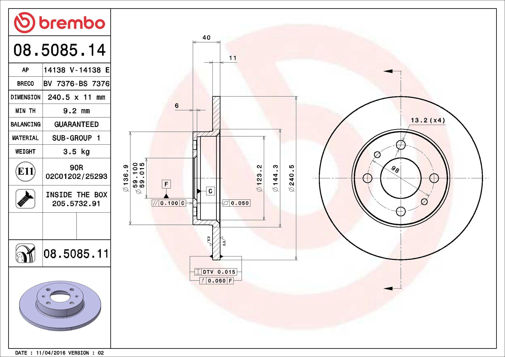 Диск переднього гальма Brembo 08508511 ціна, від 22.84 USD