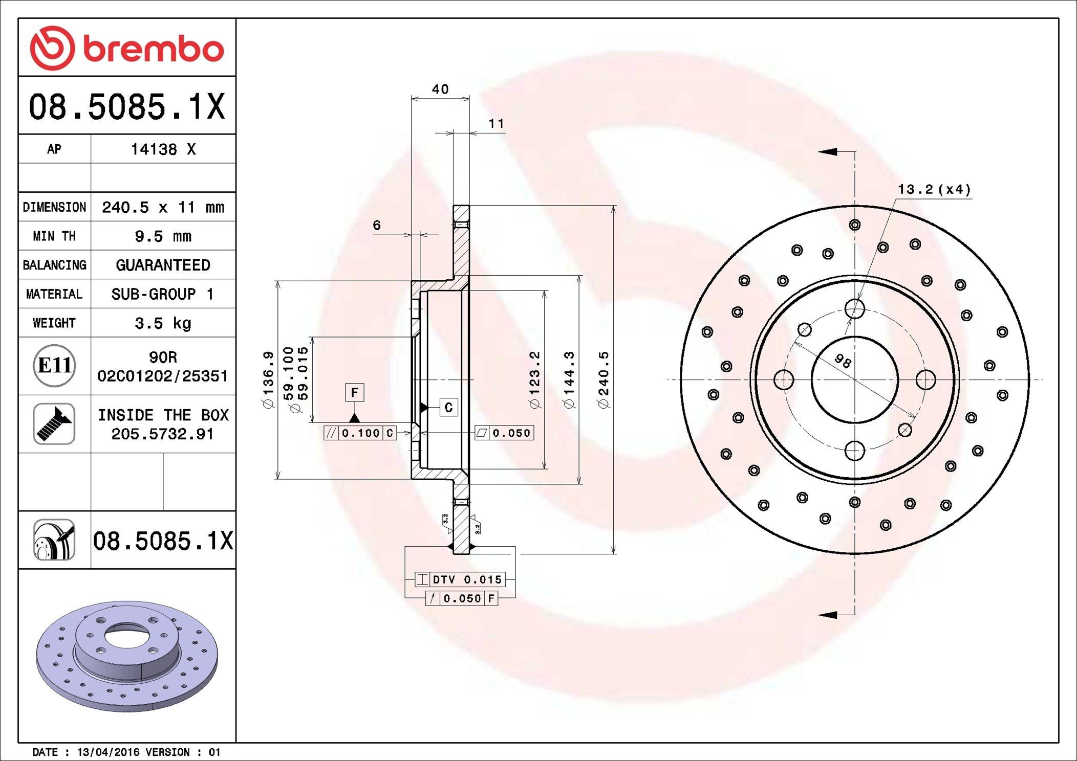 Диск переднього гальма Brembo 0850851X ціна, від 23.07 USD