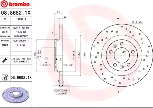Купити 0886821X Brembo Диск заднього гальма