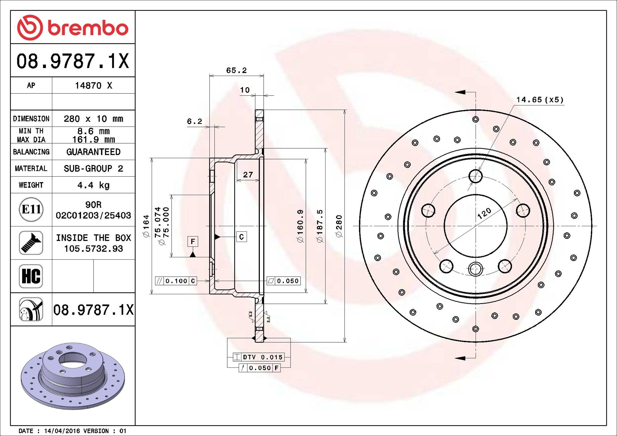 Купити 0897871X Brembo Диск заднього гальма
