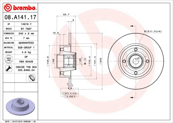 Купити 08A14117 Brembo Диск заднього гальма