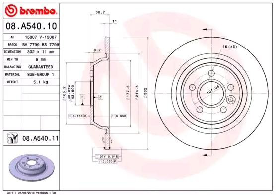 Диск гальмівний задній Brembo 08A54011