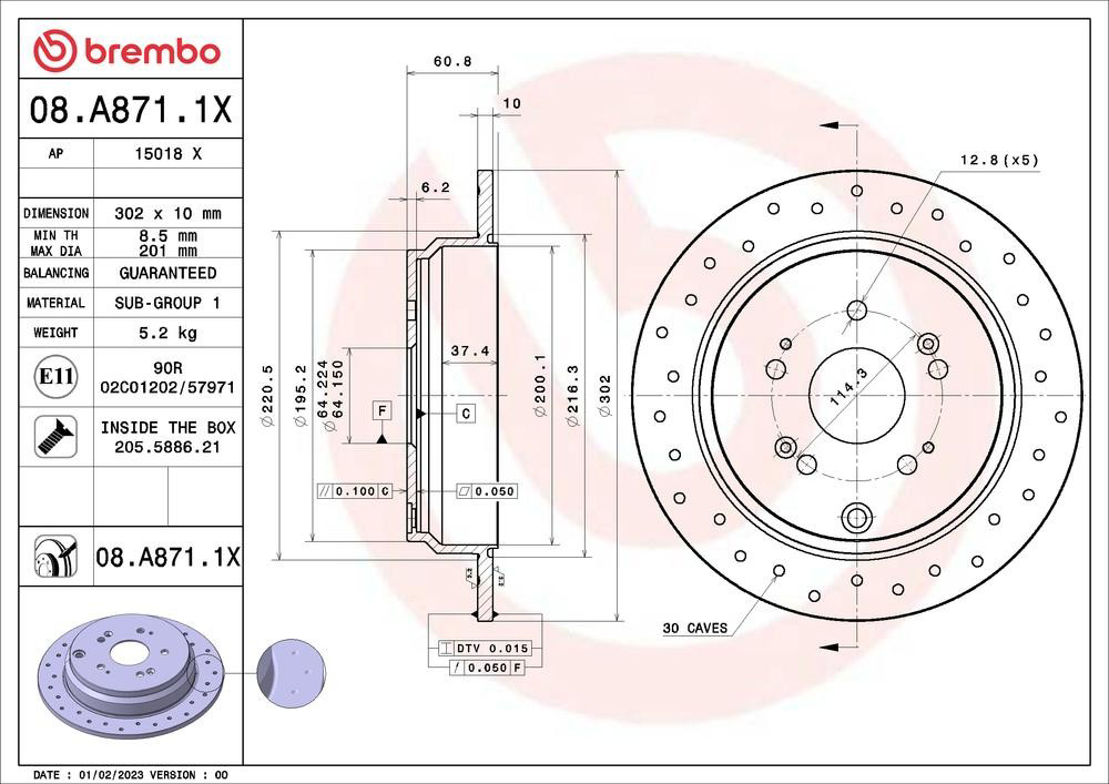 Диск гальмівний задній Brembo 08A8711X