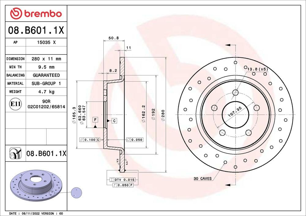 Диск гальмівний задній Brembo 08B6011X