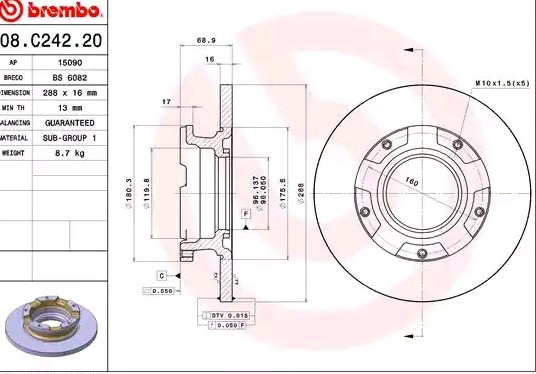 Диск гальмівний задній Brembo 08C24220