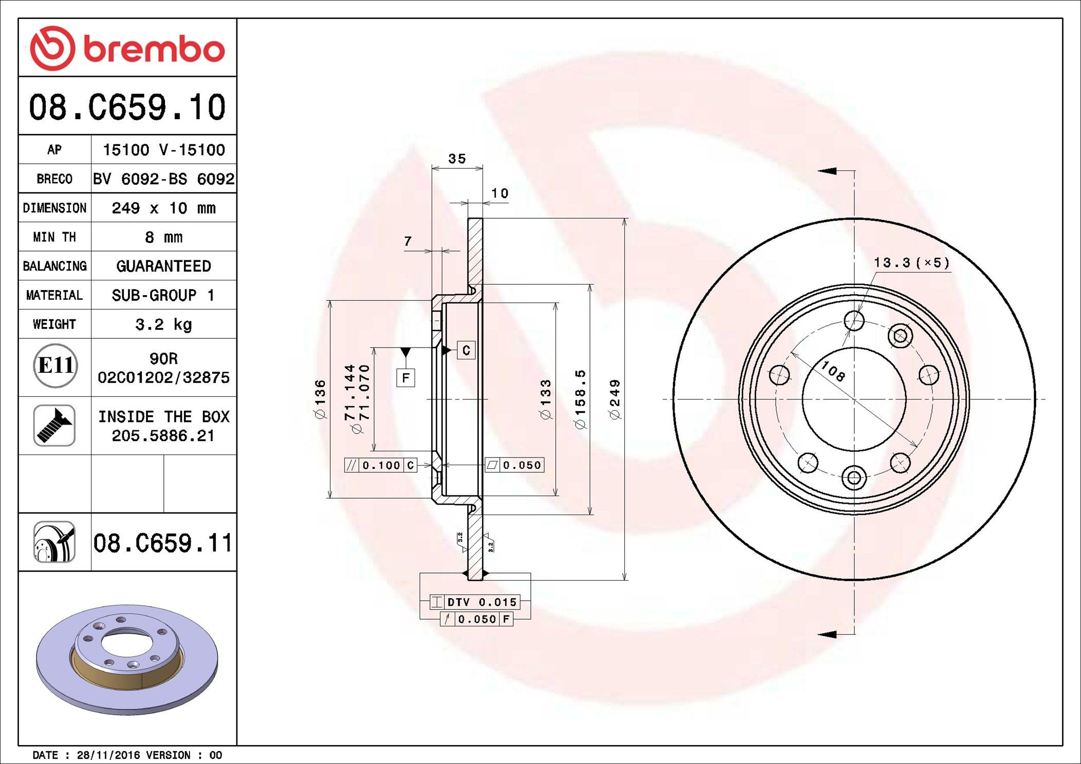 Купити 08C65911 Brembo Диск заднього гальма