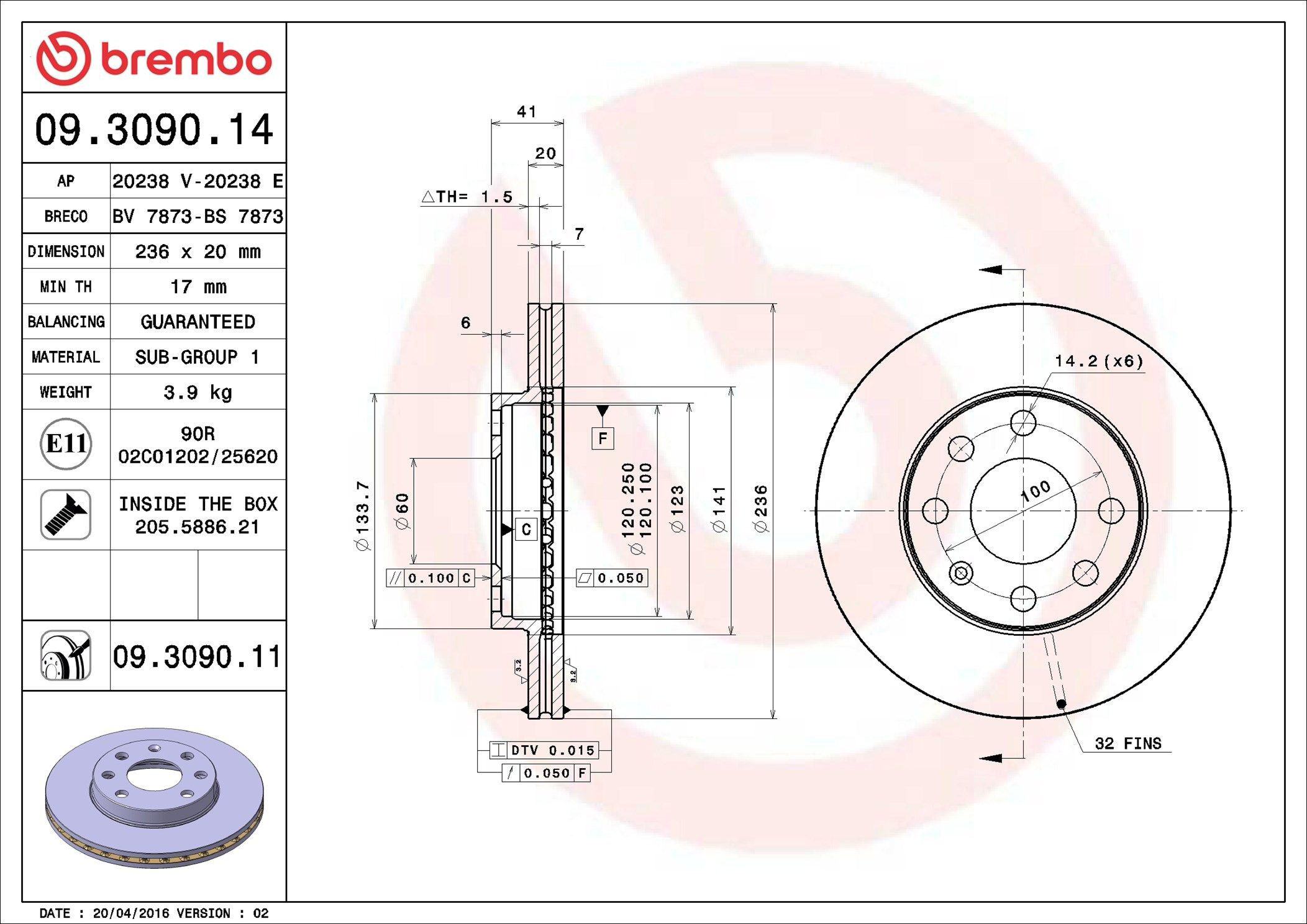 Диск переднього гальма Brembo 09309011 ціна, від 24.49 USD