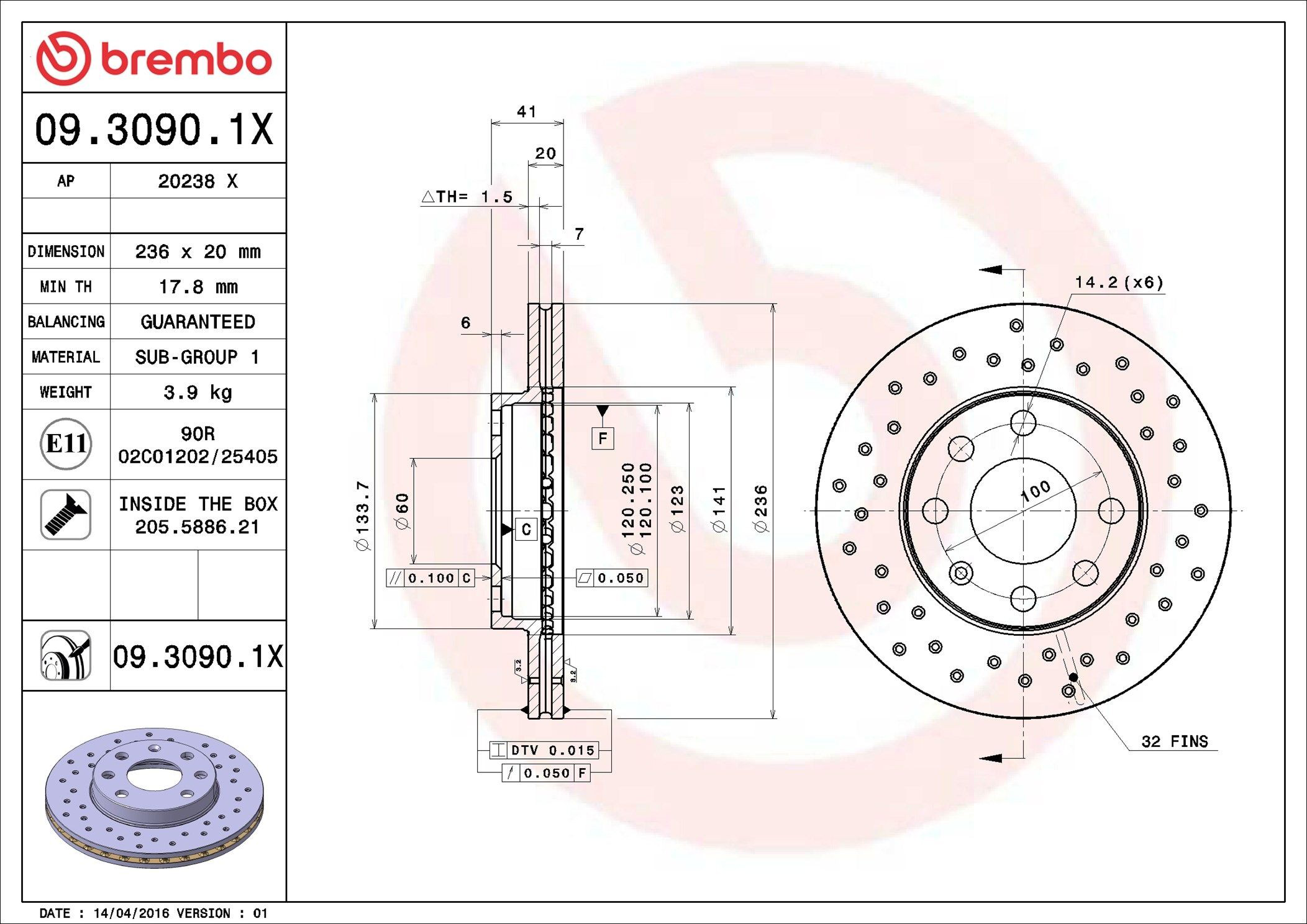 Диск переднього гальма Brembo 0930901X ціна, від 27.04 USD