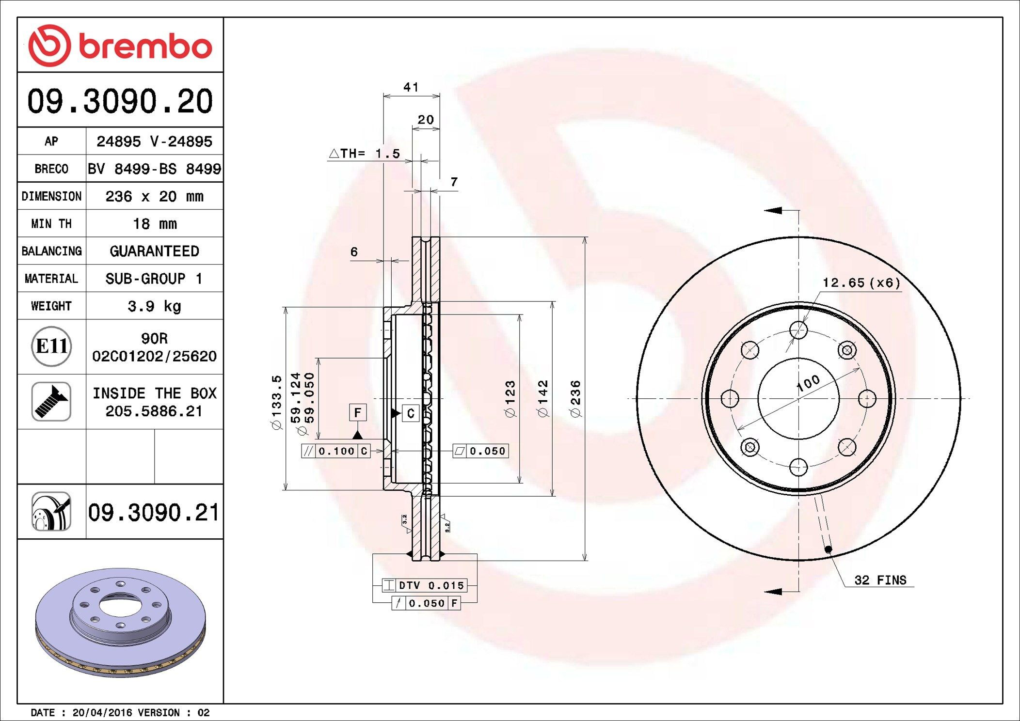 Диск переднього гальма Brembo 09309020 ціна, від 24.70 USD