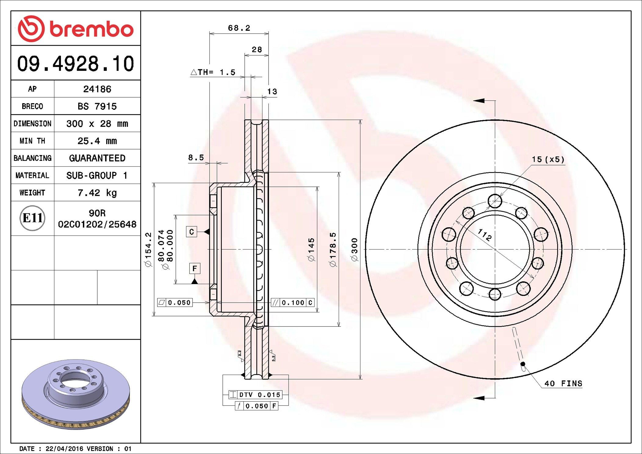 Диск переднього гальма Brembo 09492810 ціна, від 46.57 USD