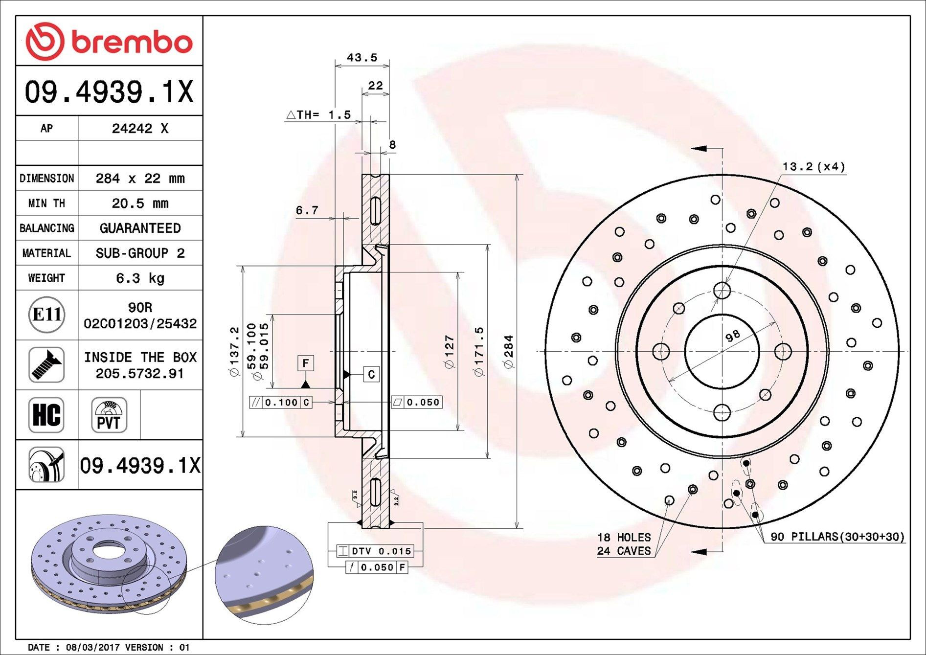 Диск переднього гальма Brembo 0949391X ціна, від 35.92 USD