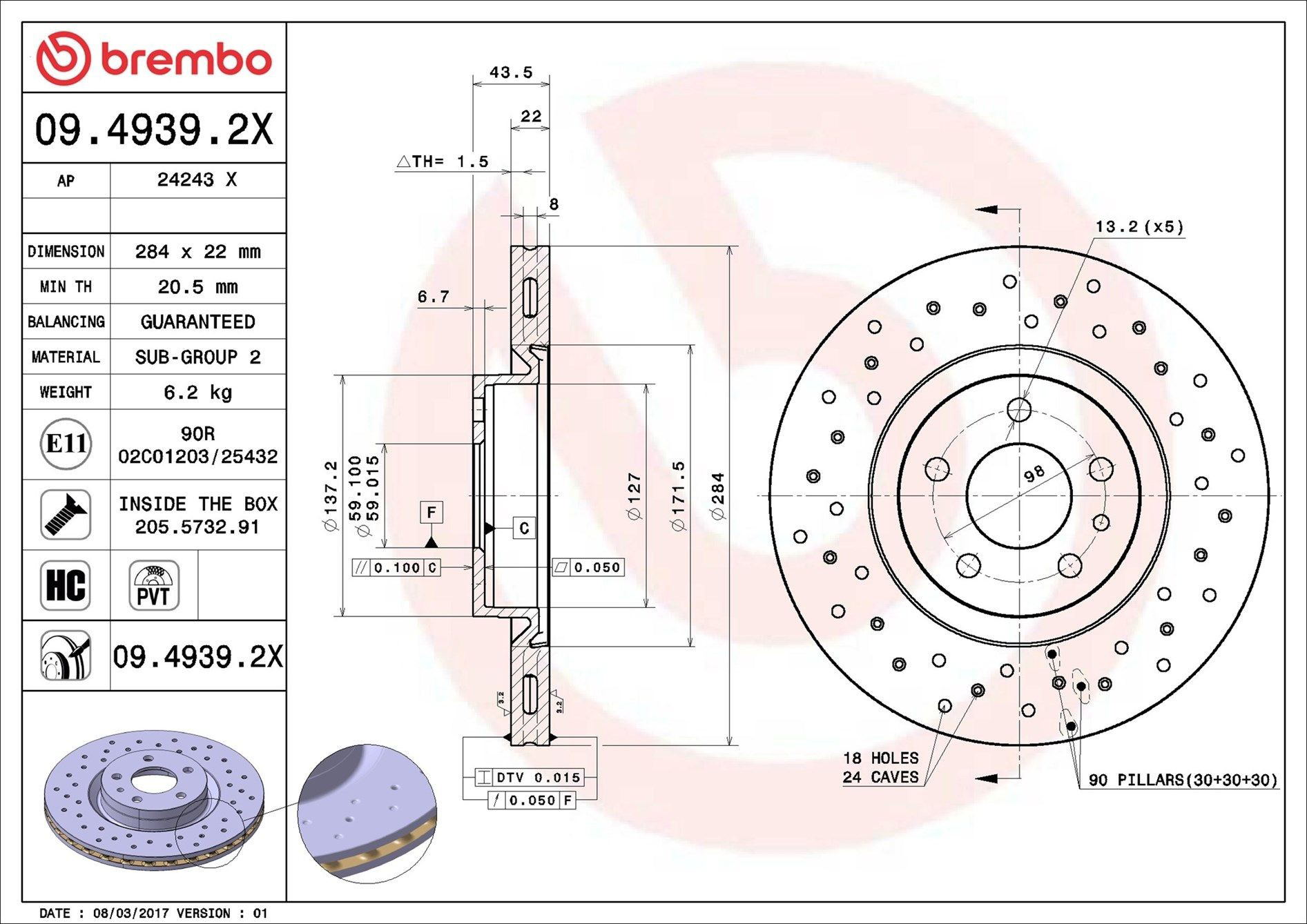 Диск переднього гальма Brembo 0949392X ціна, від 32.51 USD
