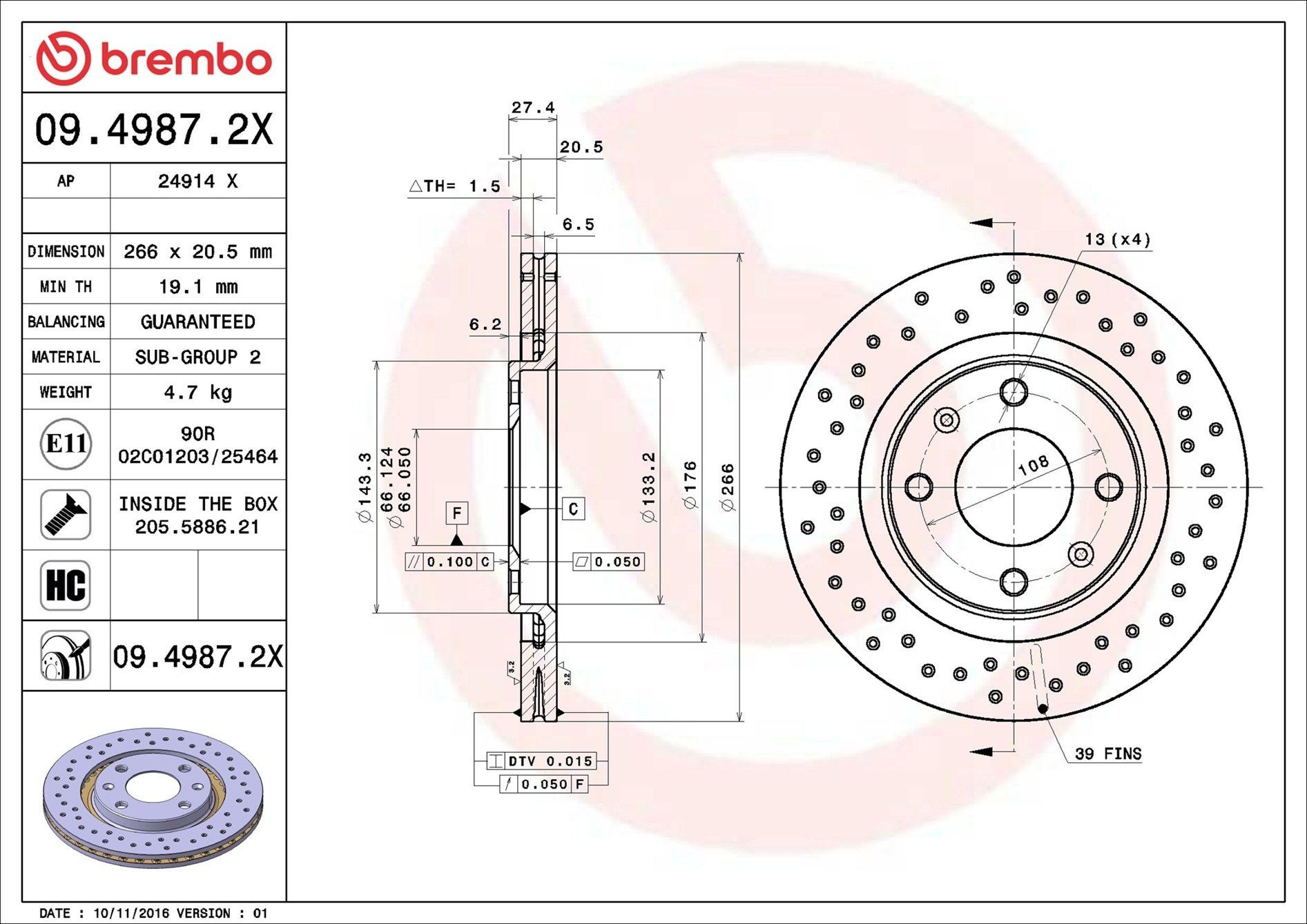 Диск переднього гальма Brembo 0949872X ціна, від 24.61 USD
