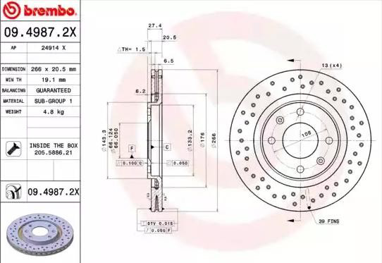 Диск переднього гальма Brembo 0949872X ціна, від 24.61 USD