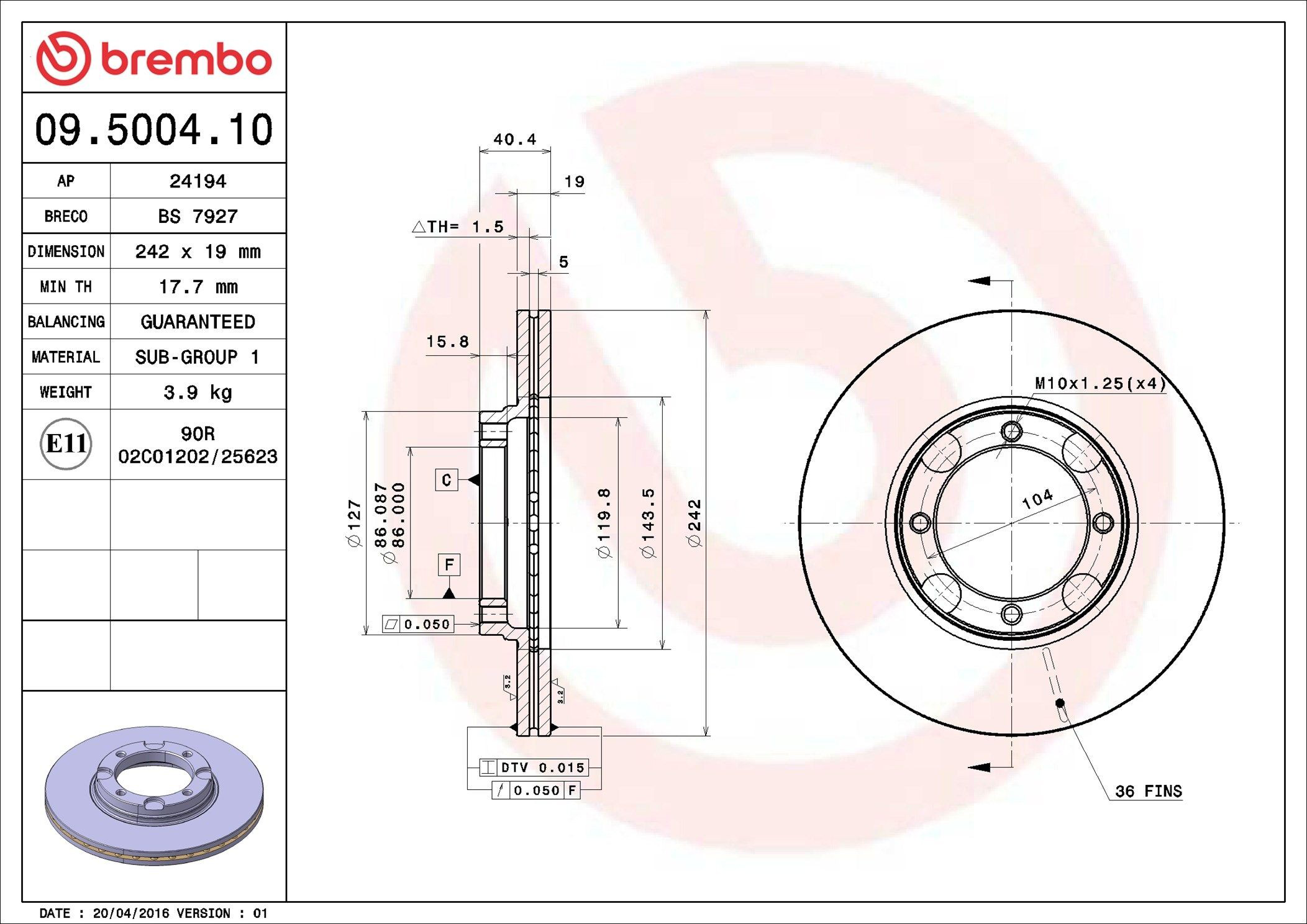 Диск переднього гальма Brembo 09500410 ціна, від 28.09 USD