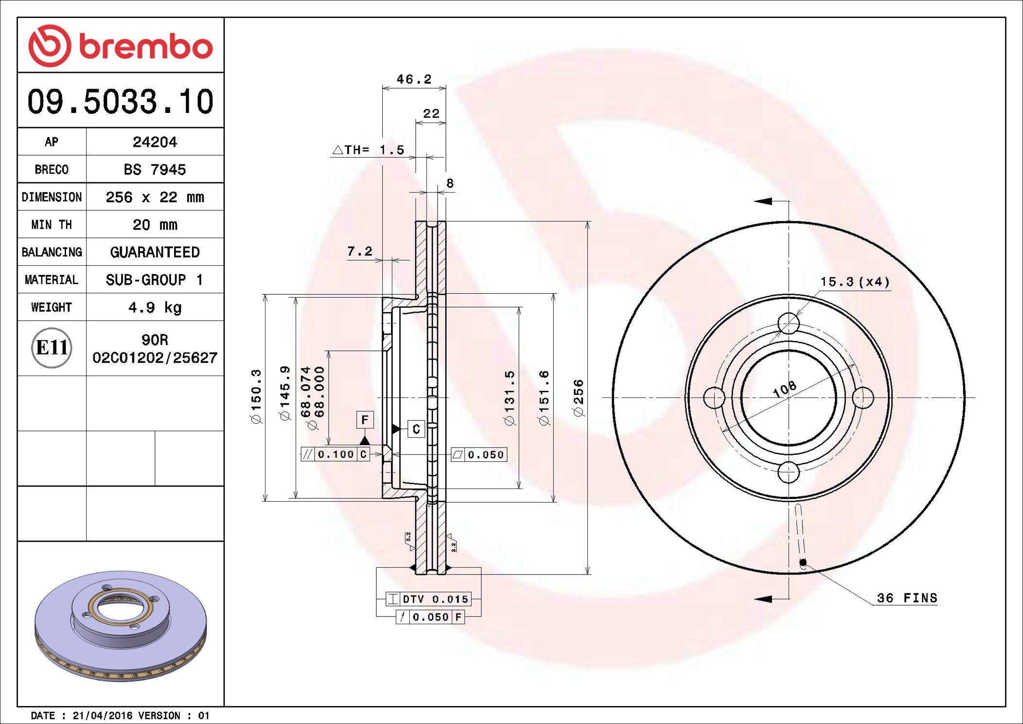 Диск гальмівний передній Brembo 09503310
