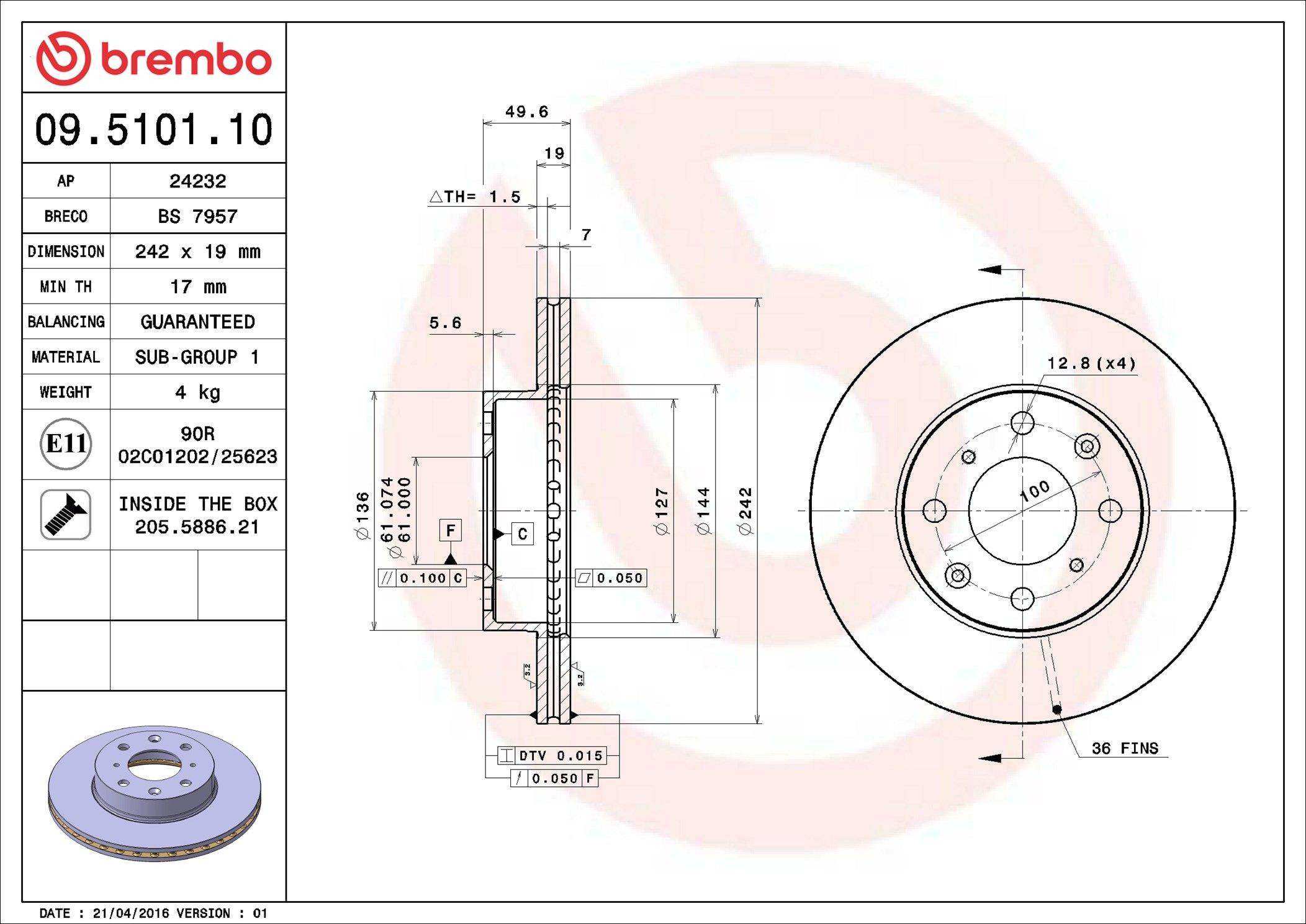 Диск переднього гальма Brembo 09510110 ціна, від 12.25 USD