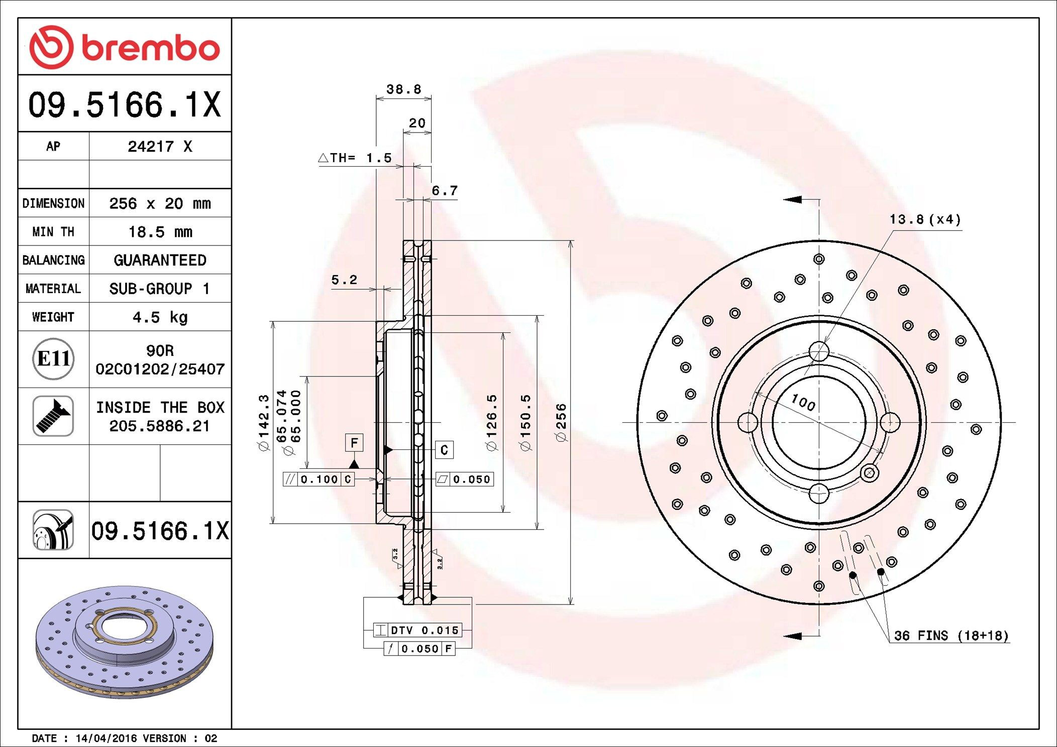Диск переднього гальма Brembo 0951661X ціна, від 26.14 USD