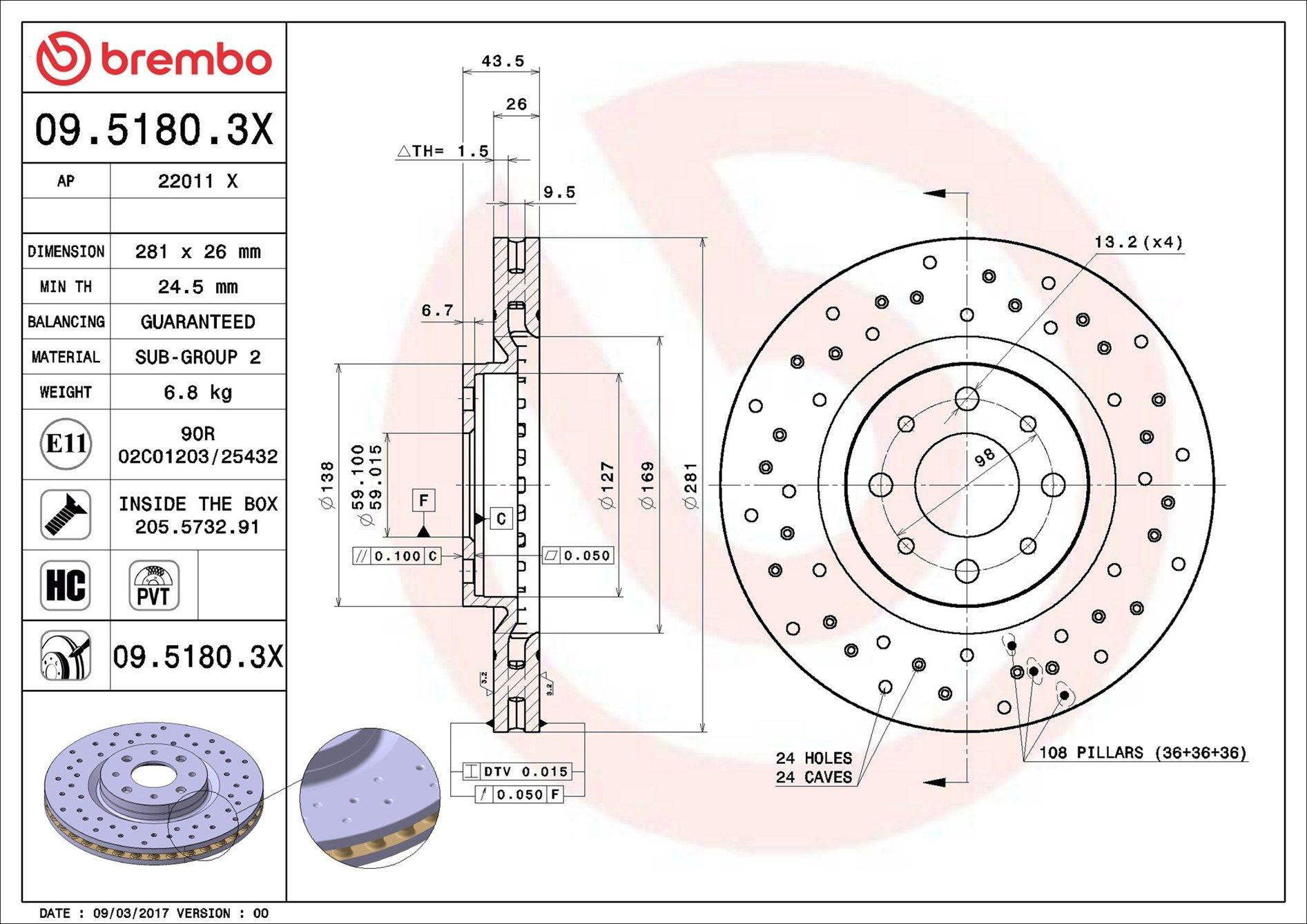 Диск переднього гальма Brembo 0951803X ціна, від 48.76 USD