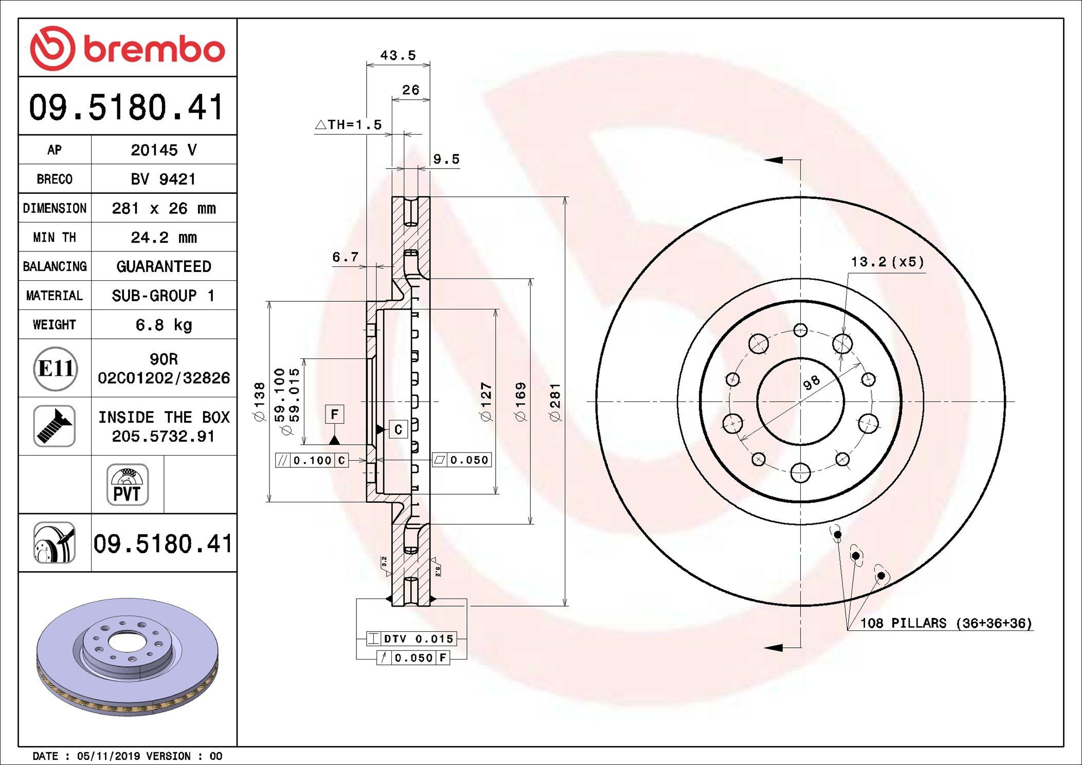 Диск переднього гальма Brembo 09518041 ціна, від 29.74 USD