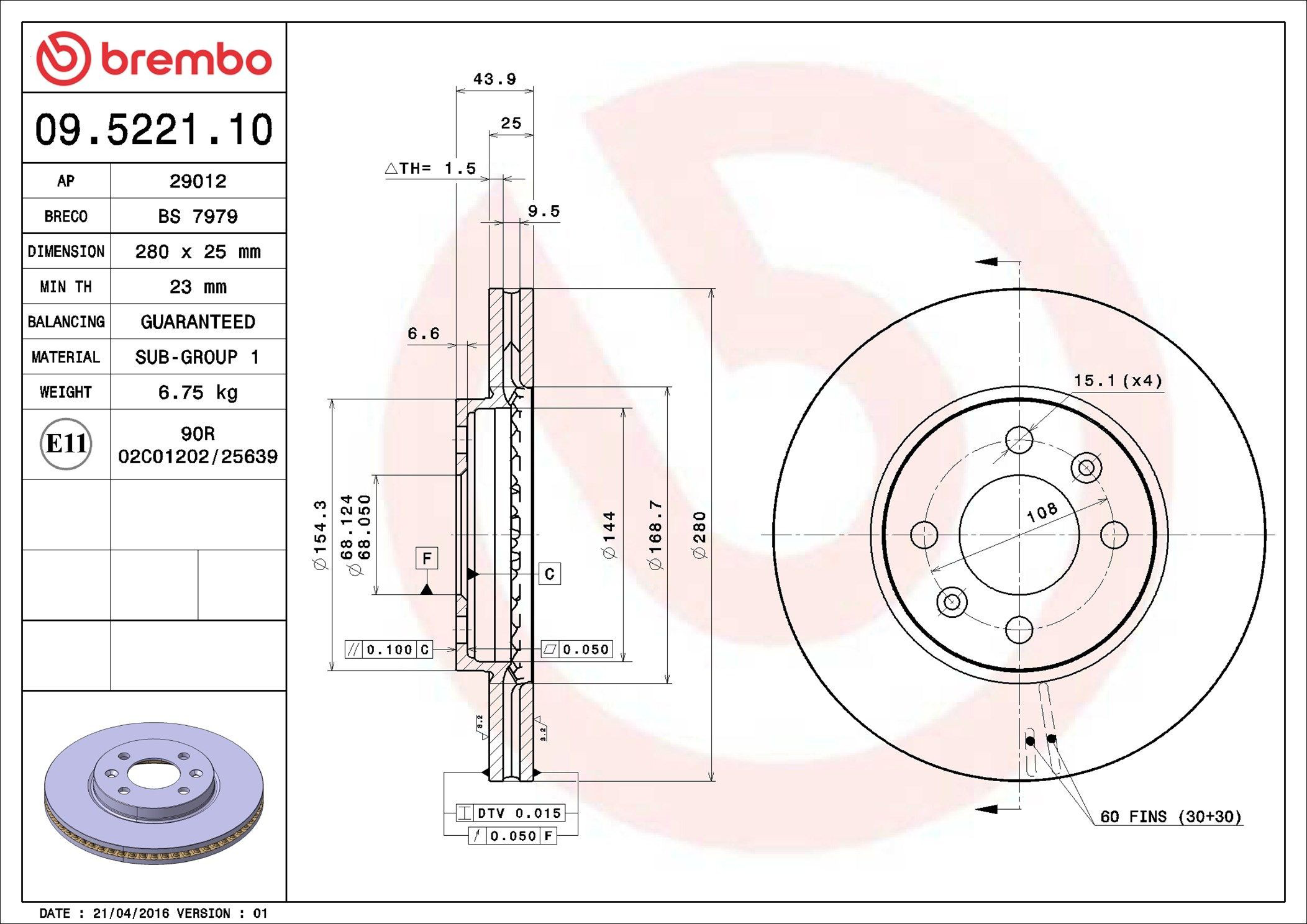 Диск переднього гальма Brembo 09522110 ціна, від 39.30 USD