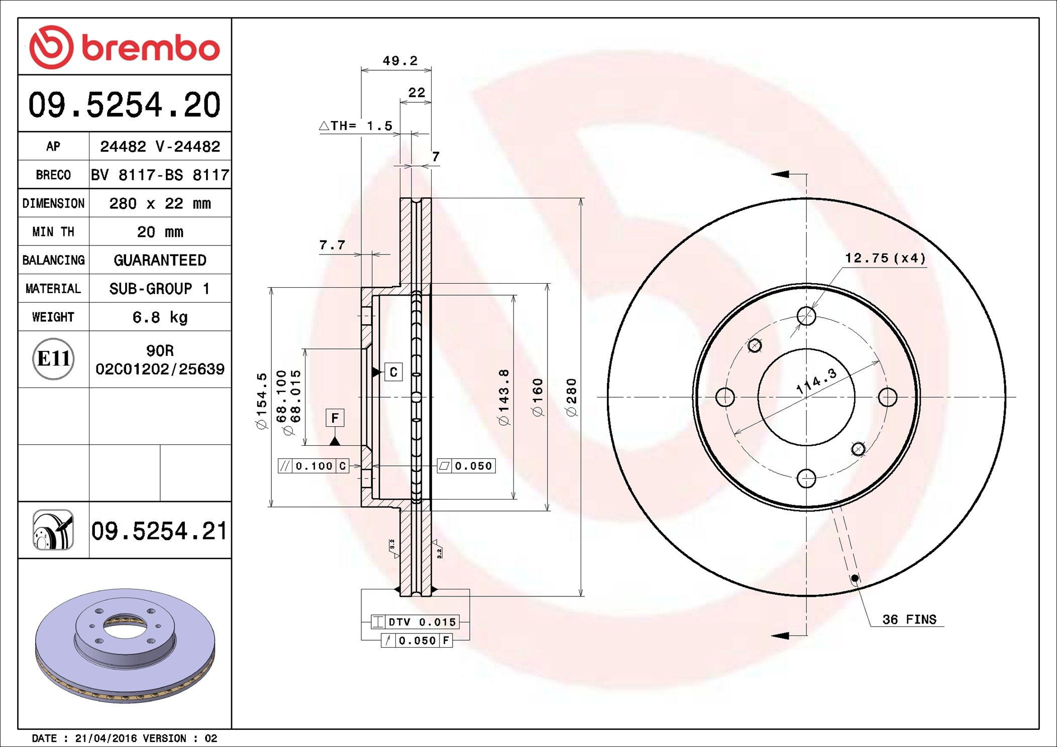 Диск переднього гальма Brembo 09525421 ціна, від 38.82 USD