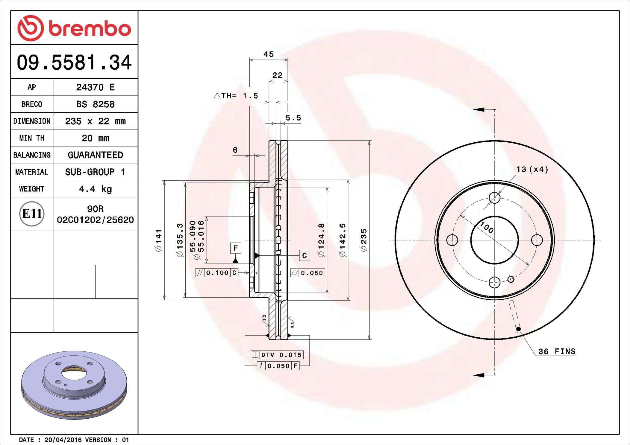 Диск переднього гальма Brembo 09558134 ціна, від 25.34 USD