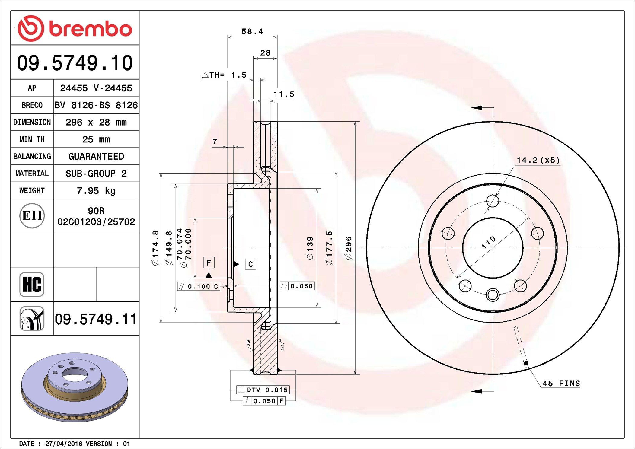 Диск переднього гальма Brembo 09574911 ціна, від 45.93 USD