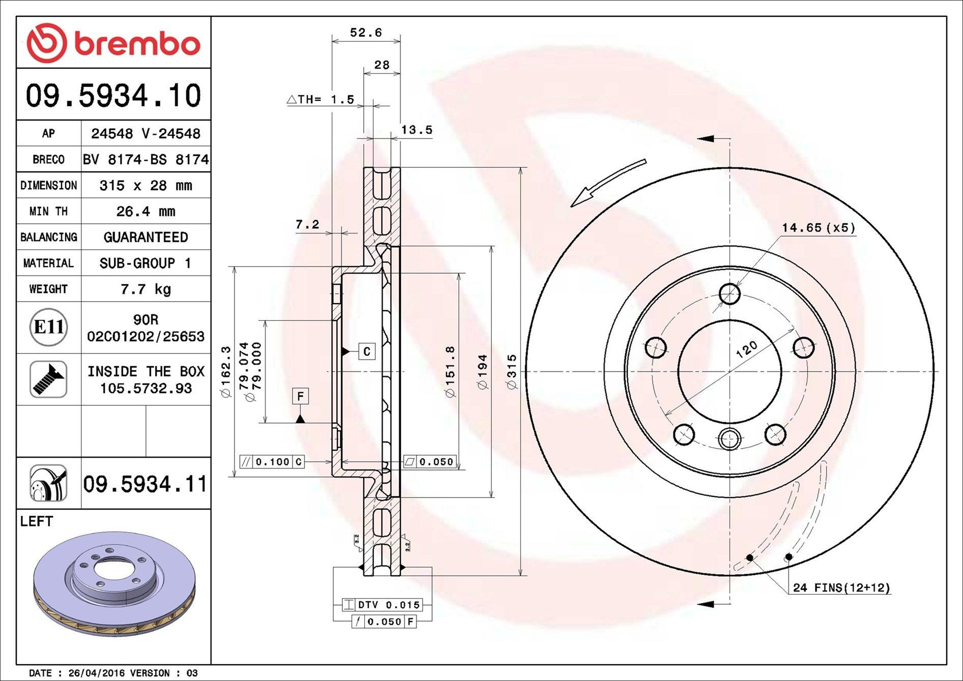 Диск переднього гальма Brembo 09593411 ціна, від 80.66 USD